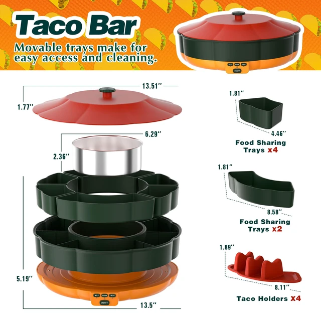 Alt view image 3 of 7 - Taco Tuesday Kit, Taco Bar Serving Set for a Party with 3-Temp Control, 33oz Heated Pot, 6 Removable Trays & 4 Taco Holders, Lazy Susan Taco Bar for Burritos, Nachos, and Fajitas, Christmas Gift