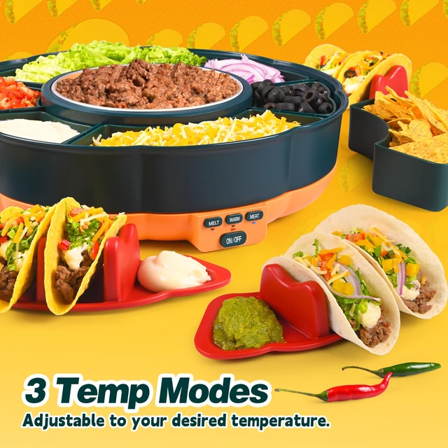 Alt view image 4 of 7 - Taco Tuesday Kit, Taco Bar Serving Set for a Party with 3-Temp Control, 33oz Heated Pot, 6 Removable Trays & 4 Taco Holders, Lazy Susan Taco Bar for Burritos, Nachos, and Fajitas, Christmas Gift