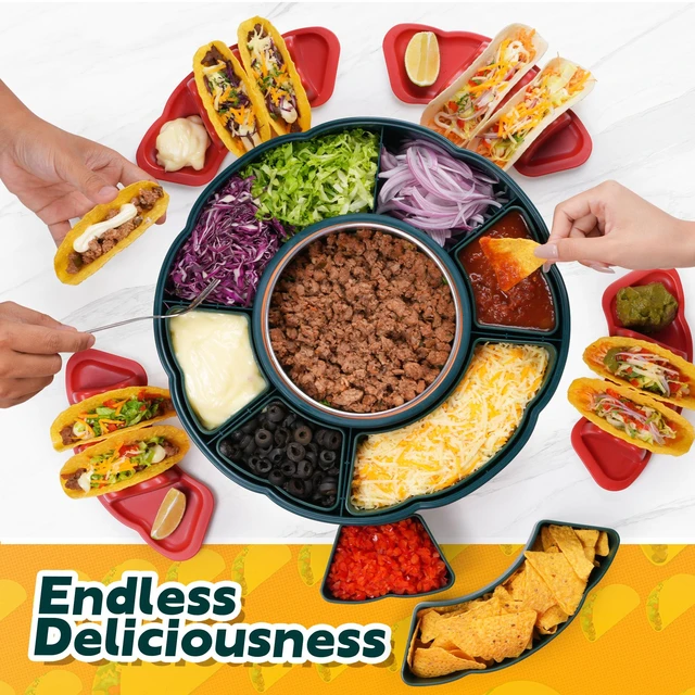 Alt view image 5 of 7 - Taco Tuesday Kit, Taco Bar Serving Set for a Party with 3-Temp Control, 33oz Heated Pot, 6 Removable Trays & 4 Taco Holders, Lazy Susan Taco Bar for Burritos, Nachos, and Fajitas, Christmas Gift