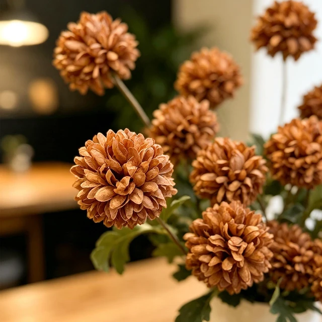 Alt view image 2 of 7 - 6 Pcs Fake Pompon Mums Artificial Flowers for Vase Filler, 27Inch Fake Flowers with Stems Artificial Plants Centerpieces Fall Stems for Table Spring Decor Fall Decorations for Home Decor(Caramel)