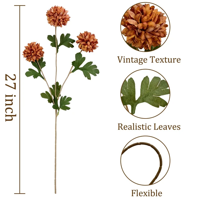 Alt view image 3 of 7 - 6 Pcs Fake Pompon Mums Artificial Flowers for Vase Filler, 27Inch Fake Flowers with Stems Artificial Plants Centerpieces Fall Stems for Table Spring Decor Fall Decorations for Home Decor(Caramel)