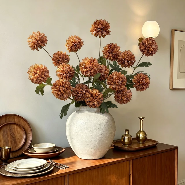 Alt view image 7 of 7 - 6 Pcs Fake Pompon Mums Artificial Flowers for Vase Filler, 27Inch Fake Flowers with Stems Artificial Plants Centerpieces Fall Stems for Table Spring Decor Fall Decorations for Home Decor(Caramel)