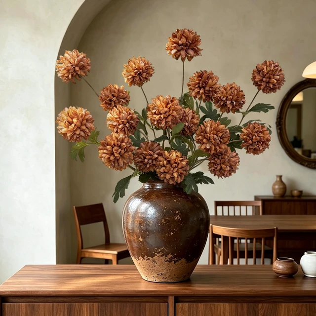 Alt view image 4 of 7 - 6 Pcs Fake Pompon Mums Artificial Flowers for Vase Filler, 27Inch Fake Flowers with Stems Artificial Plants Centerpieces Fall Stems for Table Spring Decor Fall Decorations for Home Decor(Caramel)