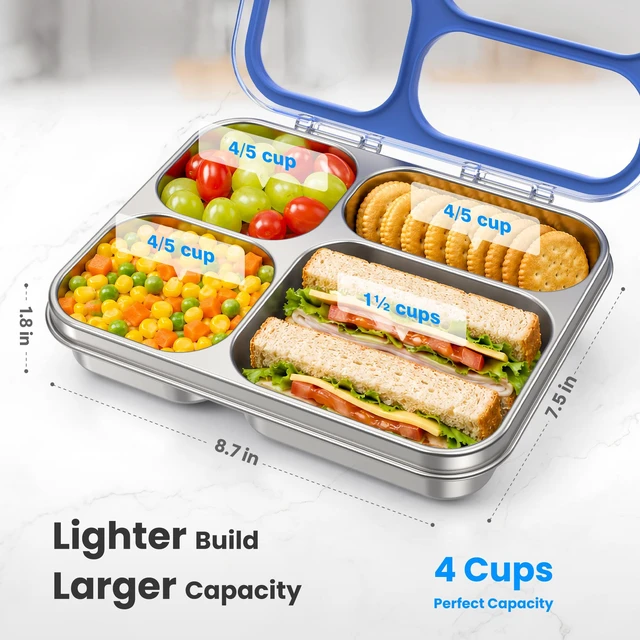 Alt view image 2 of 7 - Stainless Steel Bento Lunch Box, 4 Cups, Blue | 4-Compartment Leak-Proof Metal Lunch Container for Kids & Adults, BPA/BPS-Free, Dishwasher Safe, Clear Lid, (Not Insulated)