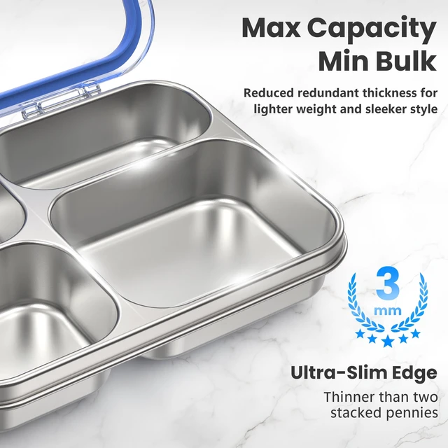 Alt view image 3 of 7 - Stainless Steel Bento Lunch Box, 4 Cups, Blue | 4-Compartment Leak-Proof Metal Lunch Container for Kids & Adults, BPA/BPS-Free, Dishwasher Safe, Clear Lid, (Not Insulated)
