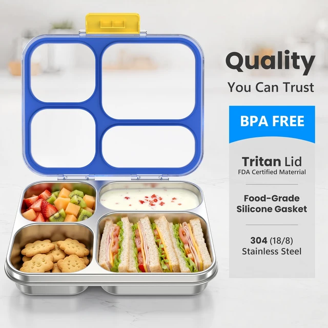 Alt view image 5 of 7 - Stainless Steel Bento Lunch Box, 4 Cups, Blue | 4-Compartment Leak-Proof Metal Lunch Container for Kids & Adults, BPA/BPS-Free, Dishwasher Safe, Clear Lid, (Not Insulated)