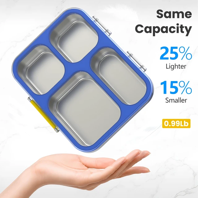 Alt view image 4 of 7 - Stainless Steel Bento Lunch Box, 4 Cups, Blue | 4-Compartment Leak-Proof Metal Lunch Container for Kids & Adults, BPA/BPS-Free, Dishwasher Safe, Clear Lid, (Not Insulated)