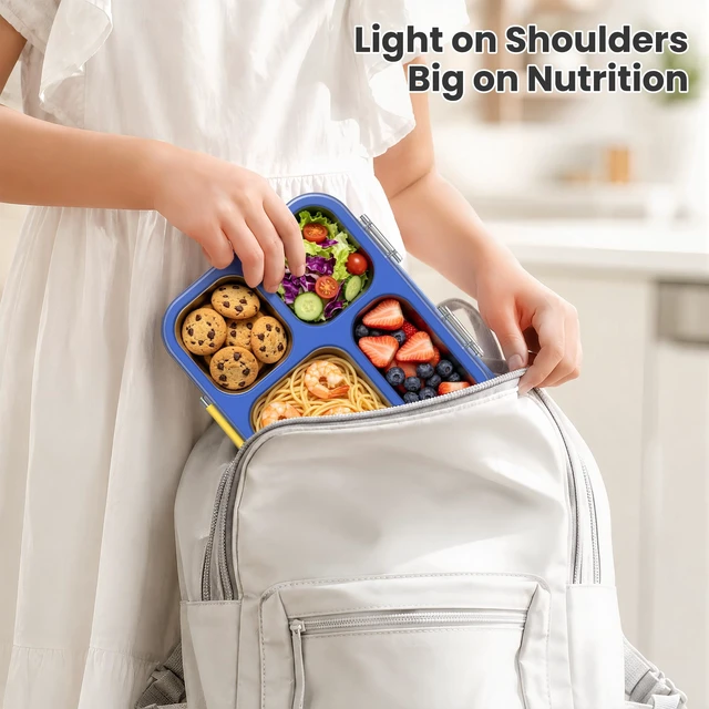 Alt view image 7 of 7 - Stainless Steel Bento Lunch Box, 4 Cups, Blue | 4-Compartment Leak-Proof Metal Lunch Container for Kids & Adults, BPA/BPS-Free, Dishwasher Safe, Clear Lid, (Not Insulated)
