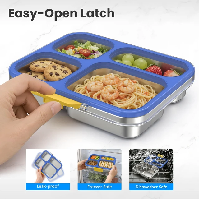 Alt view image 6 of 7 - Stainless Steel Bento Lunch Box, 4 Cups, Blue | 4-Compartment Leak-Proof Metal Lunch Container for Kids & Adults, BPA/BPS-Free, Dishwasher Safe, Clear Lid, (Not Insulated)
