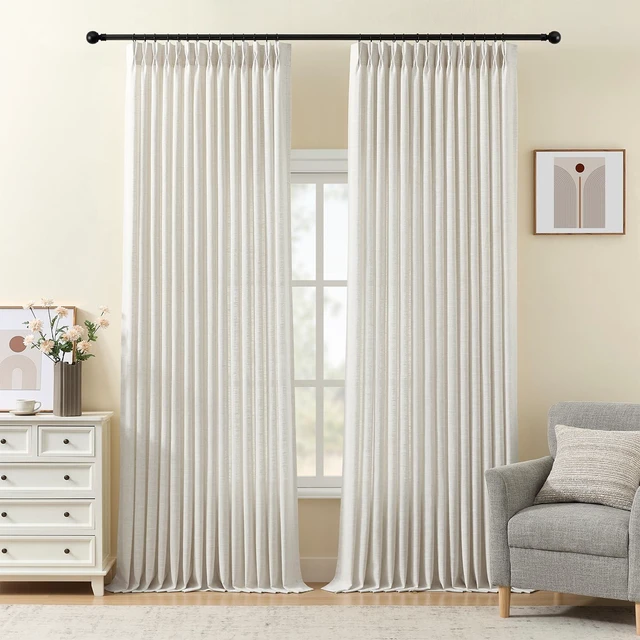 Main image of Pinch Pleated Linen Curtains 96 Inches Semi Sheer Light Filtering, 2 Panels | Pleat Curtain for Living Room, Memory Shape Linen Blend Curtains Floor to Ceiling with Hooks Rings Cream Beige Natural W40