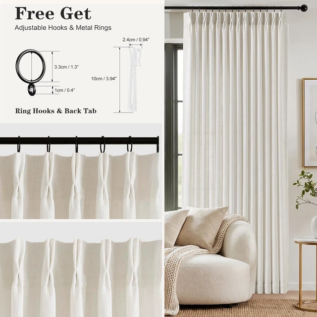 Alt view image 2 of 7 - Pinch Pleated Linen Curtains 96 Inches Semi Sheer Light Filtering, 2 Panels | Pleat Curtain for Living Room, Memory Shape Linen Blend Curtains Floor to Ceiling with Hooks Rings Cream Beige Natural W40