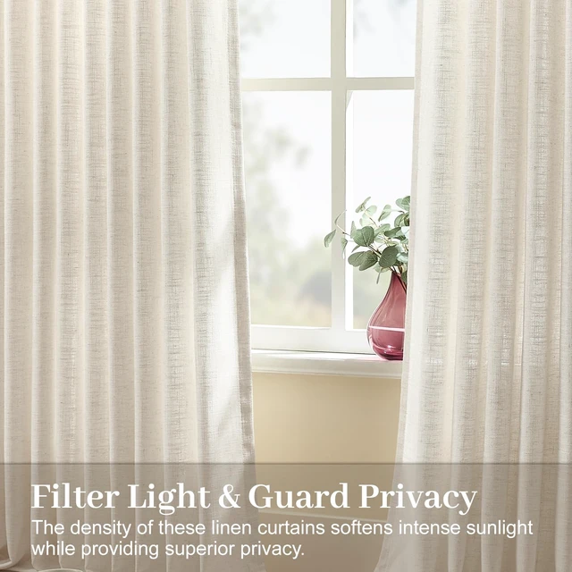 Alt view image 4 of 7 - Pinch Pleated Linen Curtains 96 Inches Semi Sheer Light Filtering, 2 Panels | Pleat Curtain for Living Room, Memory Shape Linen Blend Curtains Floor to Ceiling with Hooks Rings Cream Beige Natural W40
