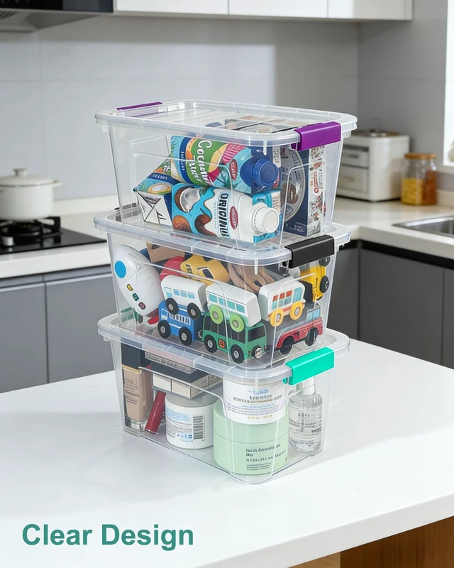 Alt view image 4 of 7 - Clear Storage Bins with Lids 6 Pack, 7 Qt Stackable Storage Containers with Buckle Lock, Durable Plastic Containers & Storage Box Organizer for Pantry, Bathroom, Closet & Office Use