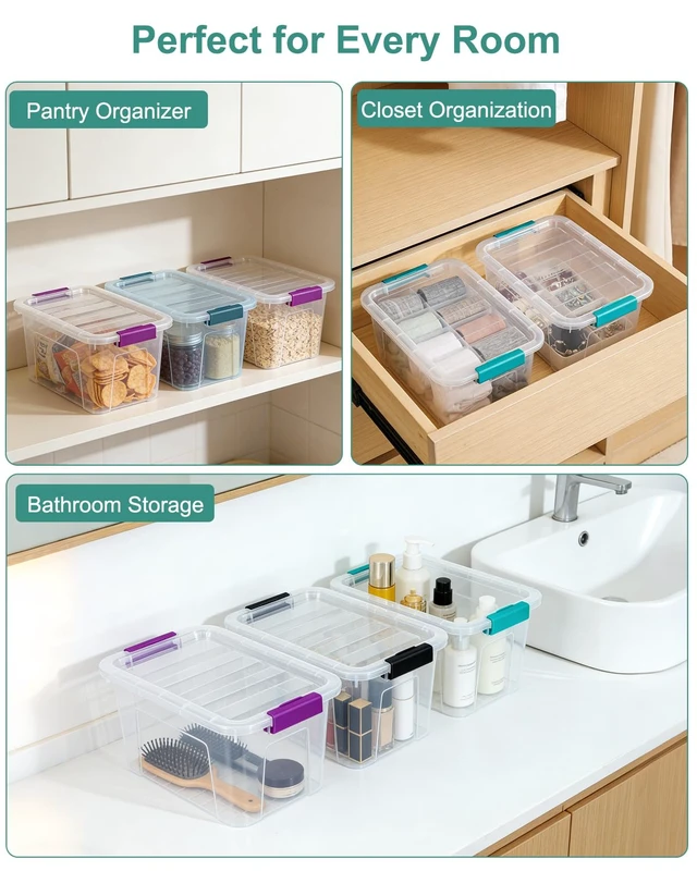 Alt view image 6 of 7 - Clear Storage Bins with Lids 6 Pack, 7 Qt Stackable Storage Containers with Buckle Lock, Durable Plastic Containers & Storage Box Organizer for Pantry, Bathroom, Closet & Office Use