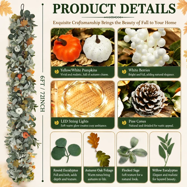 Alt view image 2 of 7 - 6FT Fall Garland with Lights for Autumn Mantel Decor | Eucalyptus Berries, Pumpkins & Lambs Ear Fall Garland for Table Centerpiece , Thanksgiving Porch Wall Home Decorations