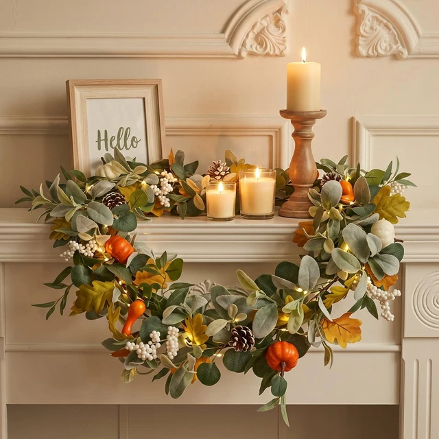 Alt view image 3 of 7 - 6FT Fall Garland with Lights for Autumn Mantel Decor | Eucalyptus Berries, Pumpkins & Lambs Ear Fall Garland for Table Centerpiece , Thanksgiving Porch Wall Home Decorations