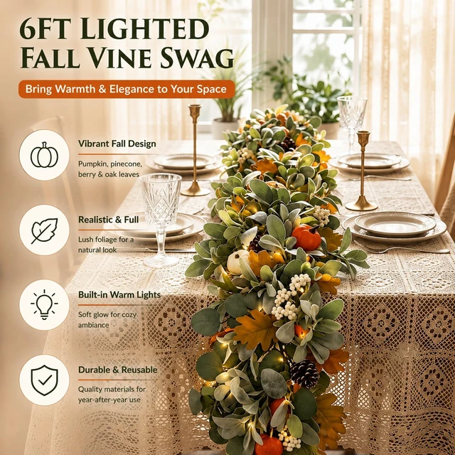 Alt view image 4 of 7 - 6FT Fall Garland with Lights for Autumn Mantel Decor | Eucalyptus Berries, Pumpkins & Lambs Ear Fall Garland for Table Centerpiece , Thanksgiving Porch Wall Home Decorations