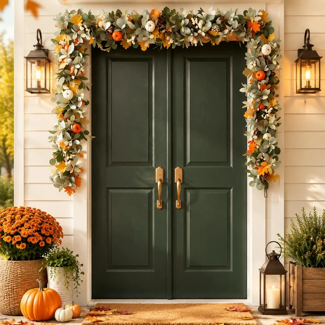 Alt view image 5 of 7 - 6FT Fall Garland with Lights for Autumn Mantel Decor | Eucalyptus Berries, Pumpkins & Lambs Ear Fall Garland for Table Centerpiece , Thanksgiving Porch Wall Home Decorations