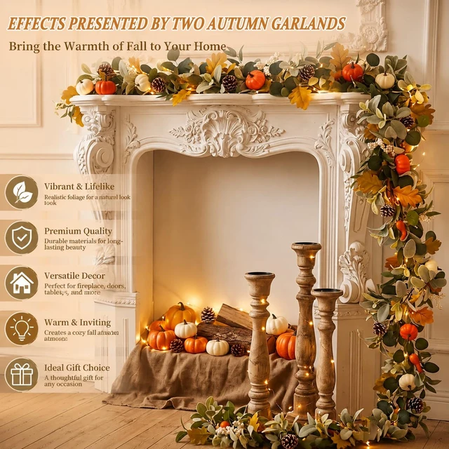 Alt view image 6 of 7 - 6FT Fall Garland with Lights for Autumn Mantel Decor | Eucalyptus Berries, Pumpkins & Lambs Ear Fall Garland for Table Centerpiece , Thanksgiving Porch Wall Home Decorations