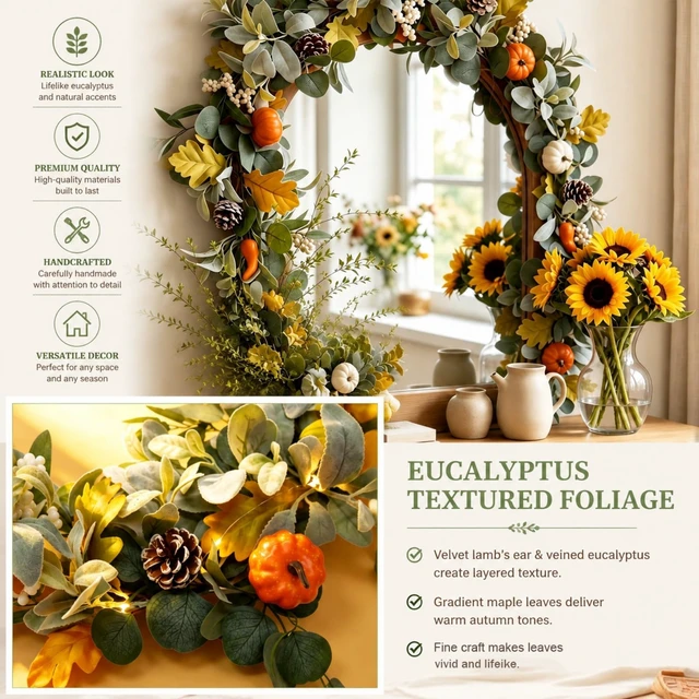 Alt view image 7 of 7 - 6FT Fall Garland with Lights for Autumn Mantel Decor | Eucalyptus Berries, Pumpkins & Lambs Ear Fall Garland for Table Centerpiece , Thanksgiving Porch Wall Home Decorations