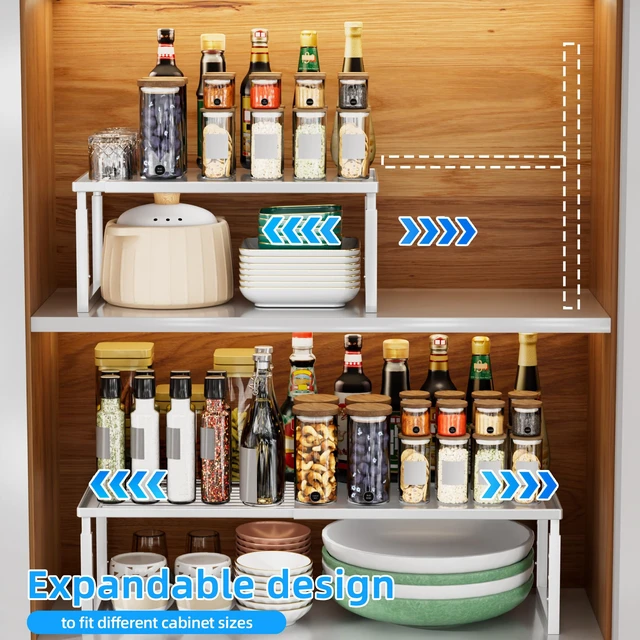 Alt view image 5 of 7 - Cabinet Shelves, 2 Pack Stackable Shelves for Kitchen Storage | Expandable & Height Adjustable Cabinet Organizer Shelf | Metal Shelf Organizer | White Spice Rack for Pantry Storage