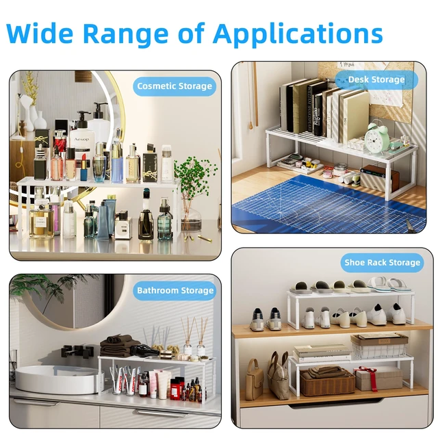 Alt view image 6 of 7 - Cabinet Shelves, 2 Pack Stackable Shelves for Kitchen Storage | Expandable & Height Adjustable Cabinet Organizer Shelf | Metal Shelf Organizer | White Spice Rack for Pantry Storage