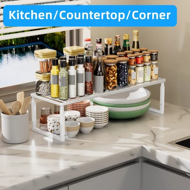 Alt view image 7 of 7 - Cabinet Shelves, 2 Pack Stackable Shelves for Kitchen Storage | Expandable & Height Adjustable Cabinet Organizer Shelf | Metal Shelf Organizer | White Spice Rack for Pantry Storage