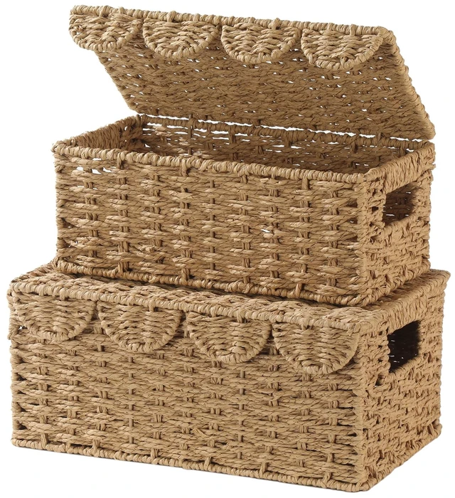 Main image of Set of 2 Scalloped Wicker Basket with Lid, Paper Rope Baskets for Shelves | Small Woven Basket with Lid, Handmade Storage Baskets, Cute Rattan Basket for Nursery, Living Room Decor