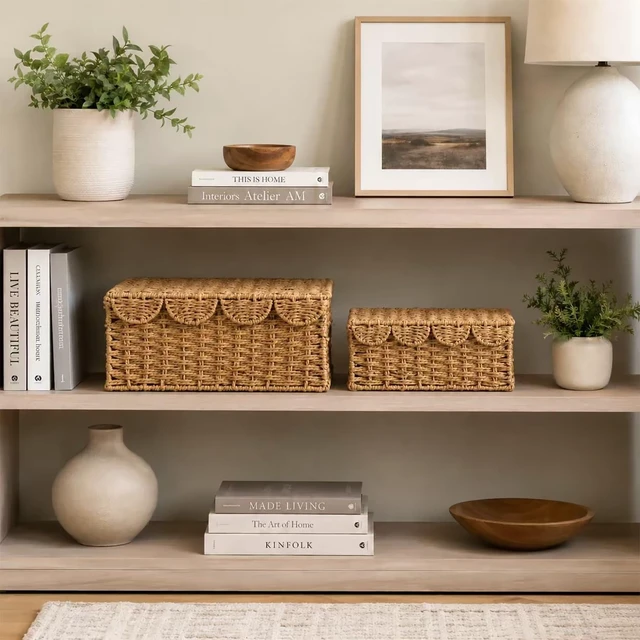 Alt view image 3 of 7 - Set of 2 Scalloped Wicker Basket with Lid, Paper Rope Baskets for Shelves | Small Woven Basket with Lid, Handmade Storage Baskets, Cute Rattan Basket for Nursery, Living Room Decor