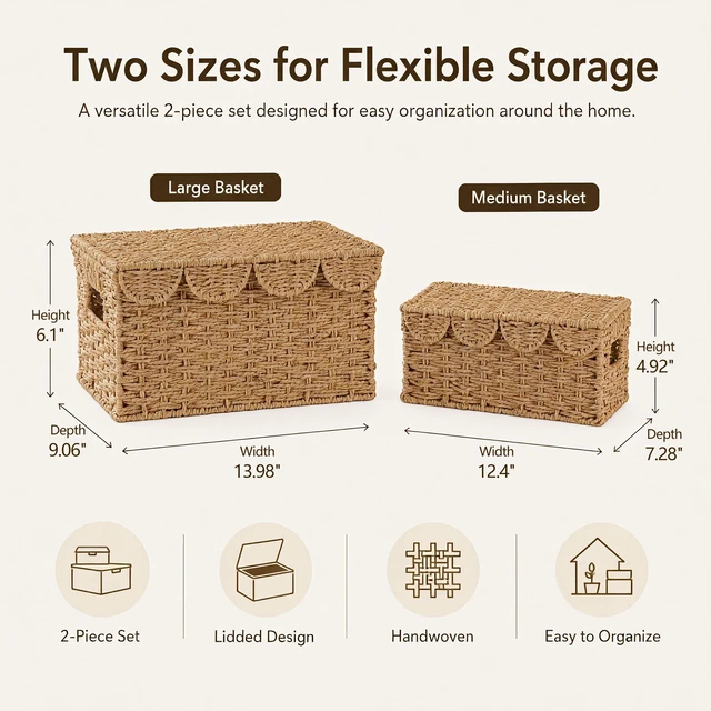 Alt view image 4 of 7 - Set of 2 Scalloped Wicker Basket with Lid, Paper Rope Baskets for Shelves | Small Woven Basket with Lid, Handmade Storage Baskets, Cute Rattan Basket for Nursery, Living Room Decor