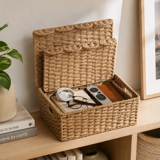 Alt view image 5 of 7 - Set of 2 Scalloped Wicker Basket with Lid, Paper Rope Baskets for Shelves | Small Woven Basket with Lid, Handmade Storage Baskets, Cute Rattan Basket for Nursery, Living Room Decor