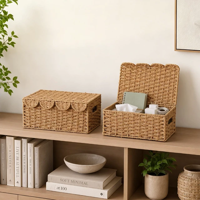 Alt view image 7 of 7 - Set of 2 Scalloped Wicker Basket with Lid, Paper Rope Baskets for Shelves | Small Woven Basket with Lid, Handmade Storage Baskets, Cute Rattan Basket for Nursery, Living Room Decor