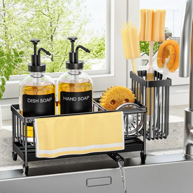 Main image of Kitchen Soap Dispenser Set with Sponge Holder and Towel Rack, 17OZ Glass Bottle, Hand and Dish Soap Dispenser Set, Non-Slip Silicone Pad, Brush Holder, Sink Organizer Countertop (Transparent)