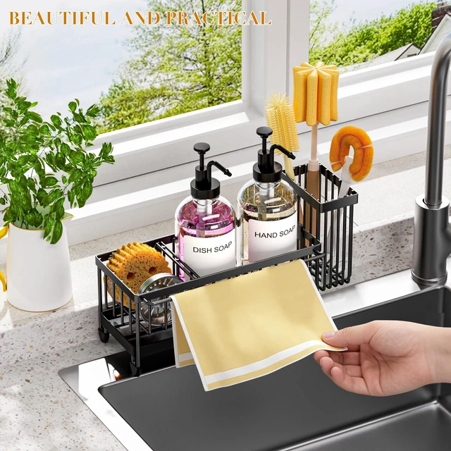 Alt view image 3 of 7 - Kitchen Soap Dispenser Set with Sponge Holder and Towel Rack, 17OZ Glass Bottle, Hand and Dish Soap Dispenser Set, Non-Slip Silicone Pad, Brush Holder, Sink Organizer Countertop (Transparent)