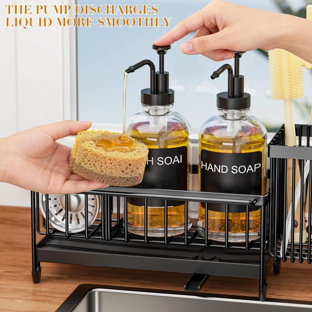 Alt view image 4 of 7 - Kitchen Soap Dispenser Set with Sponge Holder and Towel Rack, 17OZ Glass Bottle, Hand and Dish Soap Dispenser Set, Non-Slip Silicone Pad, Brush Holder, Sink Organizer Countertop (Transparent)
