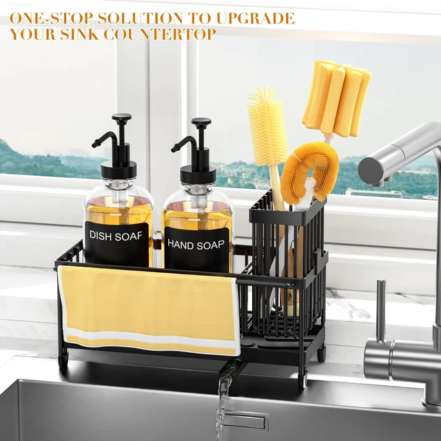 Alt view image 5 of 7 - Kitchen Soap Dispenser Set with Sponge Holder and Towel Rack, 17OZ Glass Bottle, Hand and Dish Soap Dispenser Set, Non-Slip Silicone Pad, Brush Holder, Sink Organizer Countertop (Transparent)