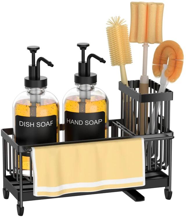 Alt view image 6 of 7 - Kitchen Soap Dispenser Set with Sponge Holder and Towel Rack, 17OZ Glass Bottle, Hand and Dish Soap Dispenser Set, Non-Slip Silicone Pad, Brush Holder, Sink Organizer Countertop (Transparent)