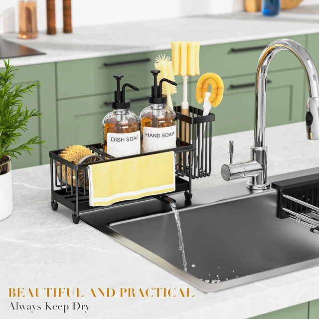 Alt view image 7 of 7 - Kitchen Soap Dispenser Set with Sponge Holder and Towel Rack, 17OZ Glass Bottle, Hand and Dish Soap Dispenser Set, Non-Slip Silicone Pad, Brush Holder, Sink Organizer Countertop (Transparent)