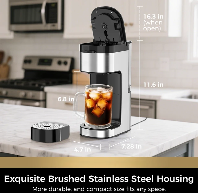 Alt view image 4 of 6 - SoloBrew Single Serve Coffee Maker for K Cup Pod with Ground Filter | 3 Brew Sizes with Strong & Over Ice Buttons, 14 oz Removable Water Tank, 1000 Watts Instant Heating, Stainless Steel Housing