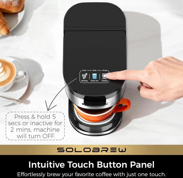 Alt view image 6 of 6 - SoloBrew Single Serve Coffee Maker for K Cup Pod with Ground Filter | 3 Brew Sizes with Strong & Over Ice Buttons, 14 oz Removable Water Tank, 1000 Watts Instant Heating, Stainless Steel Housing