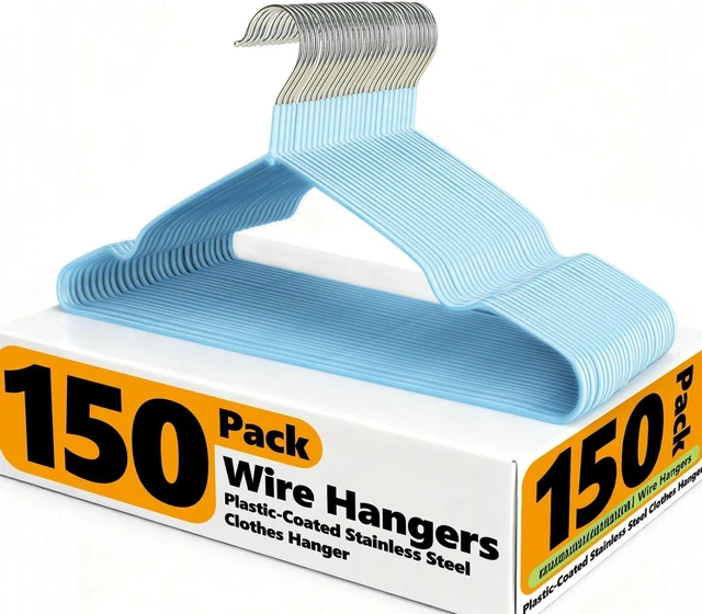 Main image of 150 Pack Clothes Hangers,Non Slip Blue Plastic Coated Metal Coat Hanger for Closet,Sturdy Thin Hangers Bulk Space Saving Hangers for Pants,Skirt,Shirt,Dress,Tie