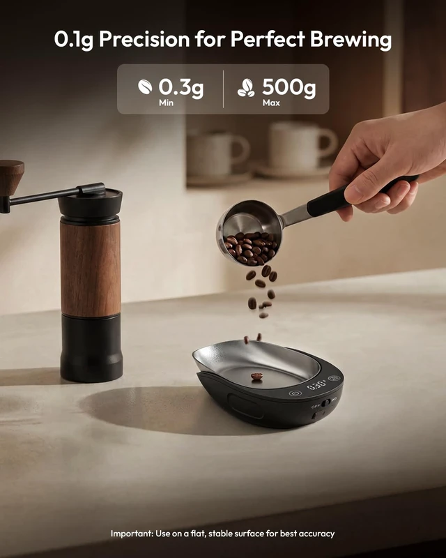 Alt view image 3 of 7 - Coffee Bean Scale Set with Tray and Spritzer, 500g/0.1g | 0.3g Low-Start Scale with Magnetic Removable Metal Tray, 8ml Fine-Mist Spritzer and USB-C Charging for Single-Dose Prep