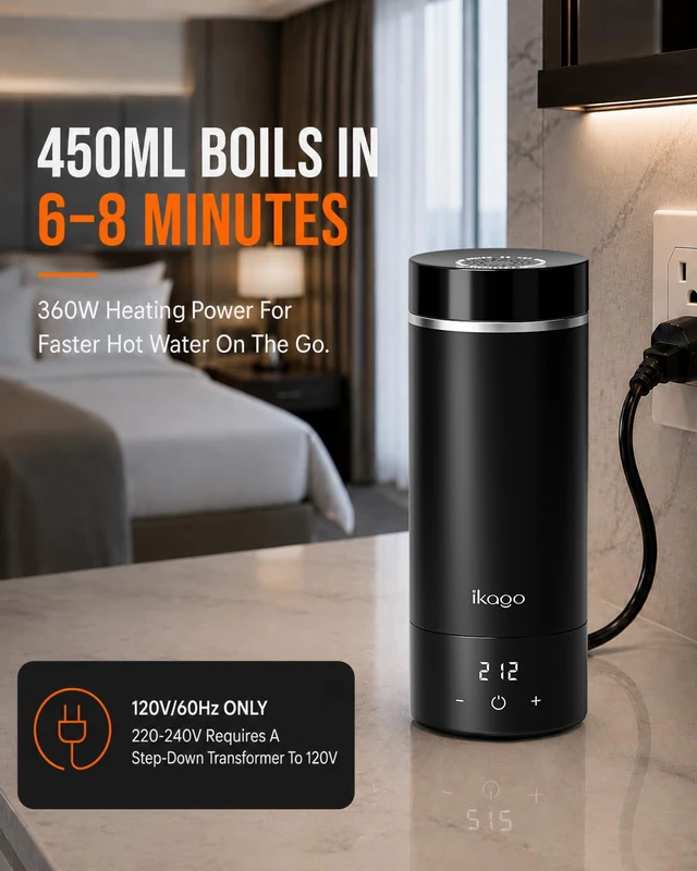Alt view image 3 of 7 - Portable Electric Kettle 15oz, 1°F Precise Temp Control, UL Certified | 120V, 316 Stainless Steel, Anti-Scald Steam Tech, Auto Shut-off, Perfect for Travel, Hotel, Office, Mini Kettle Water Boiler