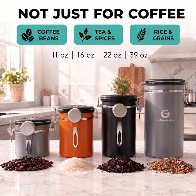 Alt view image 2 of 6 - Coffee Canister, 39oz Large Airtight Stainless Steel Container | w/ Date Tracker Scoop, Kitchen Food Storage Jars for Beans Ground, Espresso, Rice,Tea, Sugar,Cookie, Bar Accessories,Gifts
