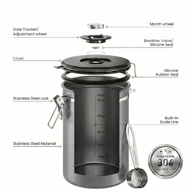 Alt view image 3 of 6 - Coffee Canister, 39oz Large Airtight Stainless Steel Container | w/ Date Tracker Scoop, Kitchen Food Storage Jars for Beans Ground, Espresso, Rice,Tea, Sugar,Cookie, Bar Accessories,Gifts