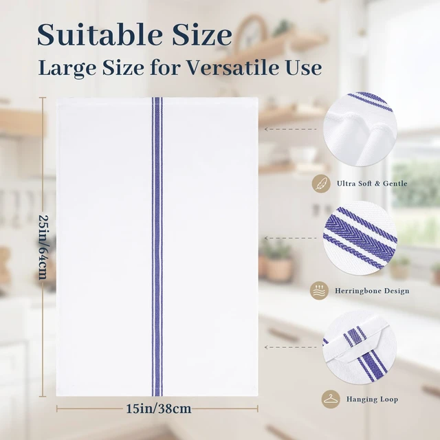 Alt view image 5 of 7 - 100% Ring Spun Cotton Kitchen Towels 6 Pack, Blue Stripe | 15 x 25 Inch, Highly Absorbent Dish Towels for Kitchen Drying, Reusable Cleaning Cloths, Soft Tea Towels with Hanging Loop
