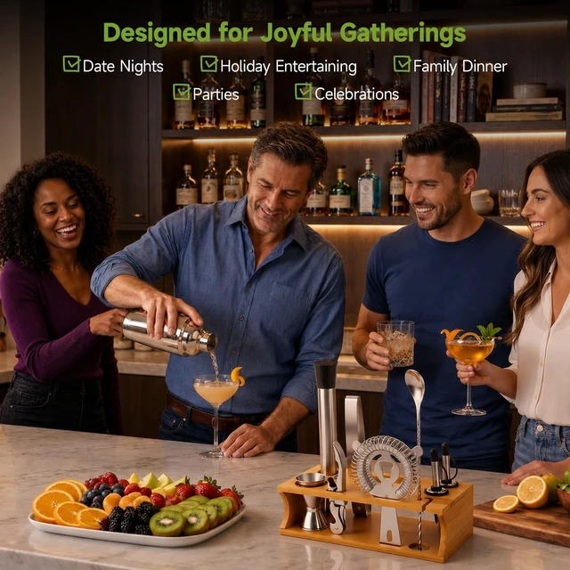 Alt view image 5 of 7 - 10PCS Stainless Steel Cocktail Shaker Set Bartender Kit with Stand | All-in-1 Bar Tool Set Gift Box, Martini Shaker, Muddler, Jigger, Strainer & Spoon, For Beginners Bar Cart Drink Mixing