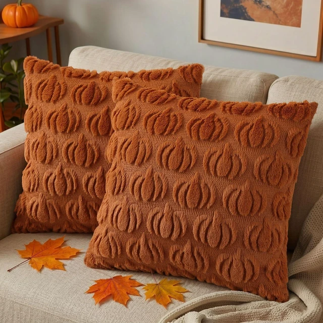 Main image of Fall Light Rust Pumpkin Throw Pillow Covers 18x18 Set of 2 | Autumn Decorations Soft Faux Fur Textured Accent Pillow Covers for Sofa Couch Bed Living Room Halloween Home Decor