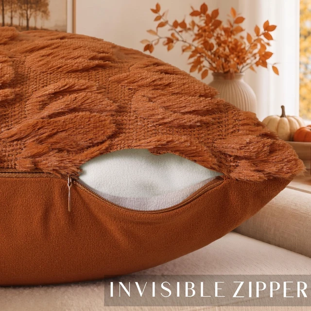 Alt view image 2 of 7 - Fall Light Rust Pumpkin Throw Pillow Covers 18x18 Set of 2 | Autumn Decorations Soft Faux Fur Textured Accent Pillow Covers for Sofa Couch Bed Living Room Halloween Home Decor