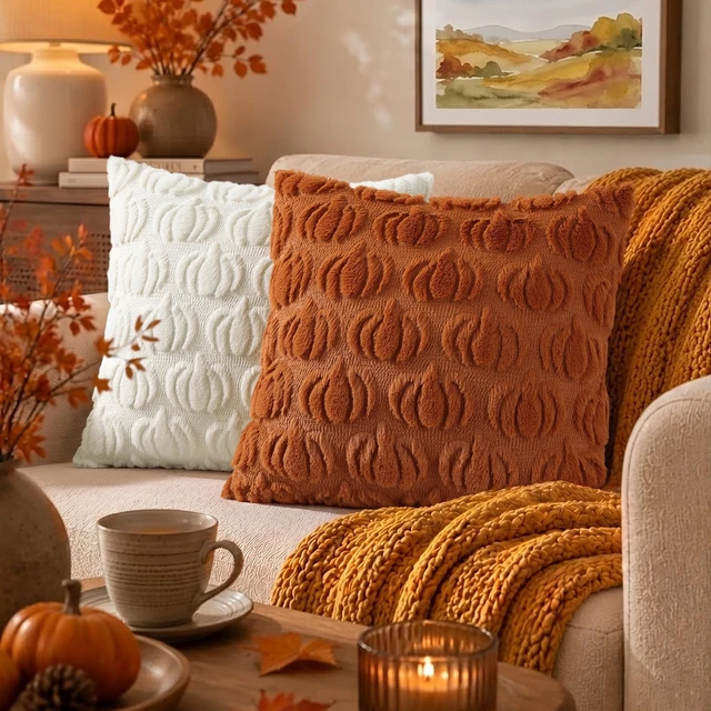 Alt view image 3 of 7 - Fall Light Rust Pumpkin Throw Pillow Covers 18x18 Set of 2 | Autumn Decorations Soft Faux Fur Textured Accent Pillow Covers for Sofa Couch Bed Living Room Halloween Home Decor